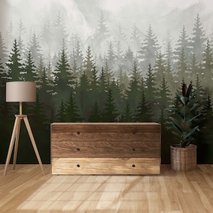 Watercolor Forest Wallpaper - Cedar Tree Wallpaper - Foggy Forest Landscape Wallpaper - Watercolor Wall Mural - Peel and Stick Wallpaper