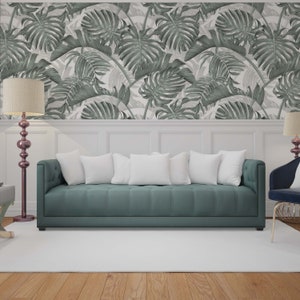Banana and Monstera Leaf Wallpaper - Tropical Leaves Wallpaper - Watercolor Wall Mural - Peel and Stick Wallpaper