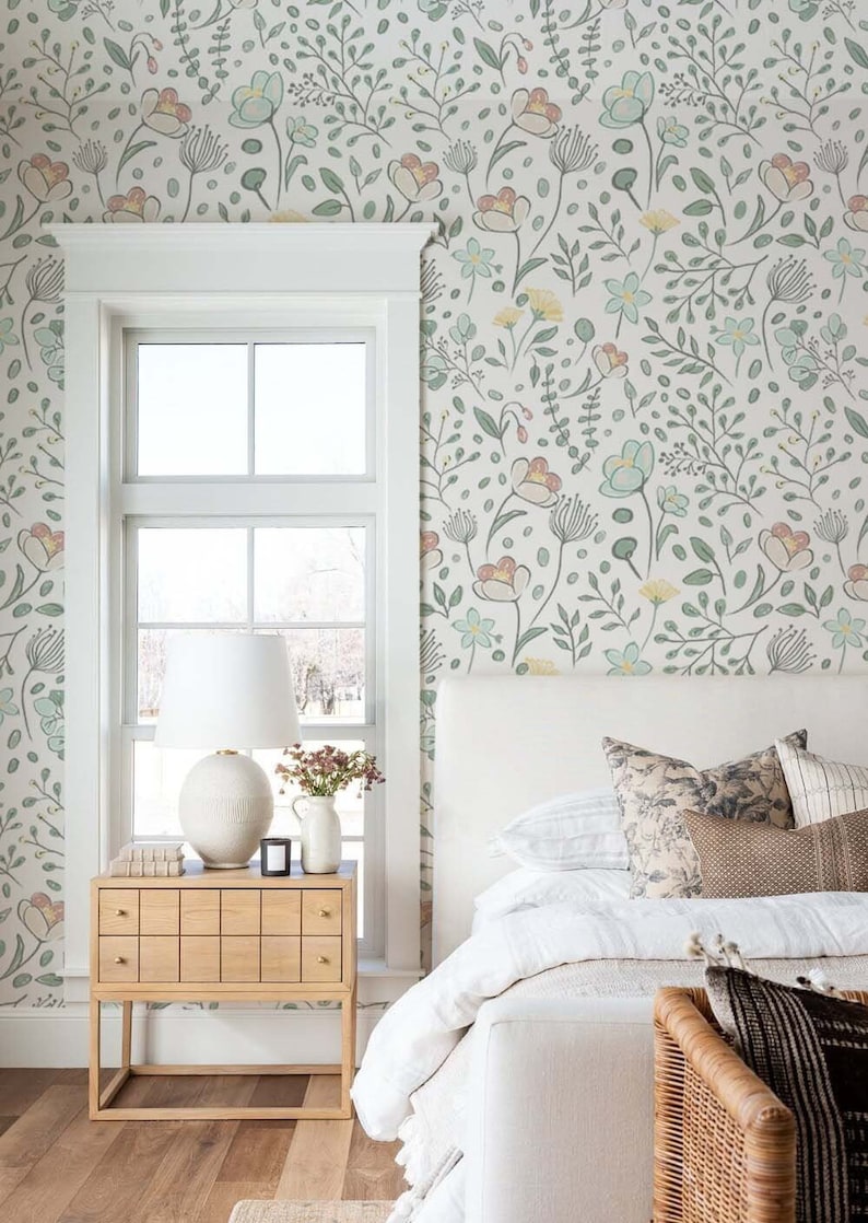 Floral Wallpaper Girls Nursery Wallpaper Cute and Pastel Color Wall Mural Peel and Stick Wallpaper image 1