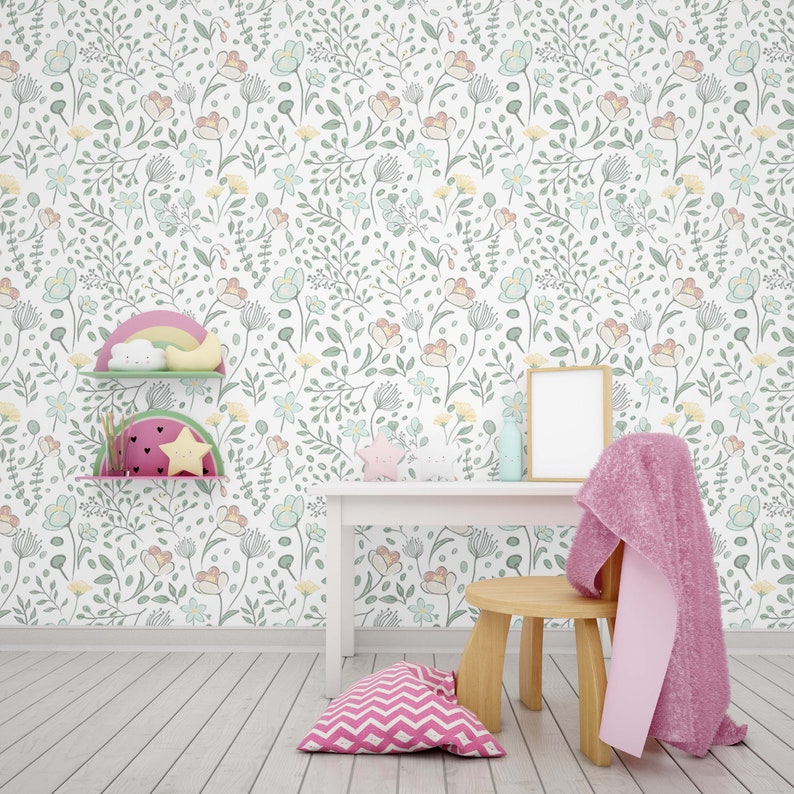 Floral Wallpaper Girls Nursery Wallpaper Cute and Pastel Color Wall Mural Peel and Stick Wallpaper image 5