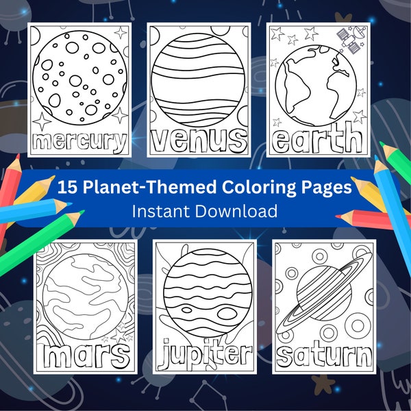 Planet coloring pages. Instant download! (15 pages)
