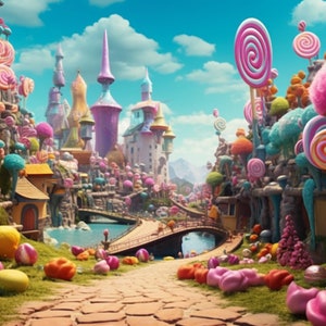 May include: A whimsical candy-themed town with colorful buildings, lollipop trees, and a cobblestone path leading to a bridge over a blue river.