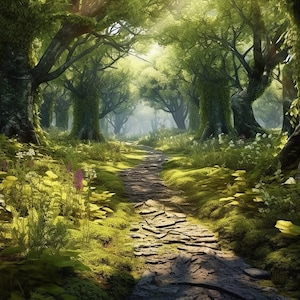 Op de afbeelding: Een kronkelend stenen pad leidt door een weelderig groen bos met hoge bomen en gevlekt zonlicht. Het pad wordt omringd door levendig groen gebladerte en wilde bloemen.