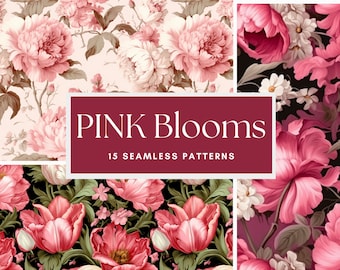 BOTANICAL Digital FLORAL Paper PATTERN, Instant Download & Commercial Use Pink Blooms Seamless Patterns