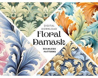 Papel pintado de damasco floral: patrón barroco sin costuras (descarga digital)