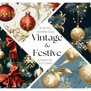 Vintage Christmas Seamless Pattern PNG Bundle - Retro Winter Wrapping Paper - Digital Download - Holiday Decor, Commercial Use