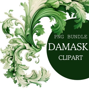 May include: A green and white floral design with intricate swirls and curls. The design is set against a white background with a green circle that says "PNG BUNDLE DAMASK CLIPART".