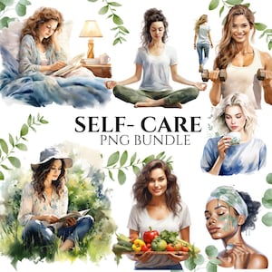 Bundle de cliparts soins personnels aquarelle, temps de spa, relaxation, amour de soi confortable PNG, graphiques fille fitness, téléchargement numérique, usage Commercial
