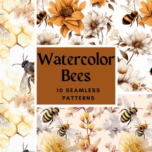 Afdrukbare aquarel BEE NAADLOZE PATROON voor bijenliefhebber – Botanische bloemmotiefbundel beschikbaar in PNG-formaat, commercieel gebruik