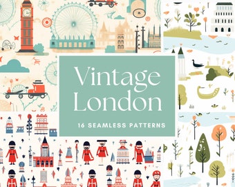 May include: A set of 16 vintage London themed seamless patterns. The patterns feature iconic landmarks like Big Ben, the London Eye, and red telephone booths. The patterns are in a variety of colors, including red, blue, green, and yellow.