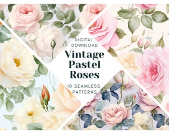 Vintage Pastel Roses Floral Pattern: Seamless Digital Paper (PNG)