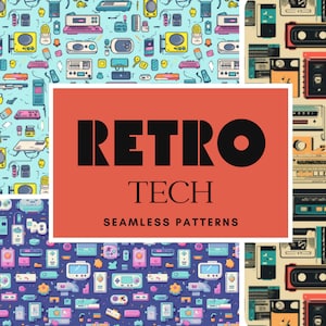 May include: Three seamless patterns featuring retro tech illustrations. The patterns include a blue background with various retro tech items, a purple background with retro game controllers, and a beige background with cassette tapes.