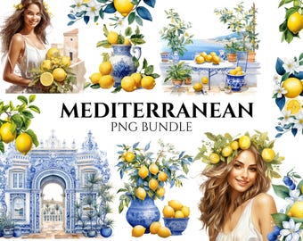 Clipart kust-Italië: aquarelcitroenen en tegels (digitale download)