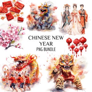 Chinese New Year Watercolor Clipart Bundle, Instant Download, Commercial Use, Lunar New Year, Oriental Dragon Clipart