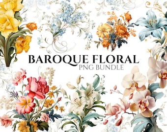 Baroque Floral Clipart, Vintage Wedding Design, Ornamental Pastel Clipart, Digital Download, Elegant Floral Art, Png Format, Commercial Use