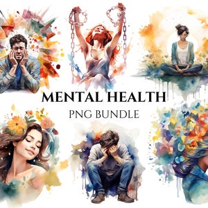 Bundle de cliparts aquarelle sur la santé mentale, anxiété, dépression, bonheur PNG, téléchargement numérique instantané, usage Commercial