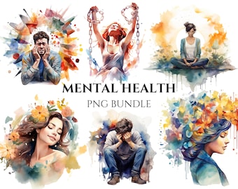 Watercolor Mental Health Clipart Bundle, Anxiety, Depression, Happiness PNG, Instant Digital Download, Commercial Use