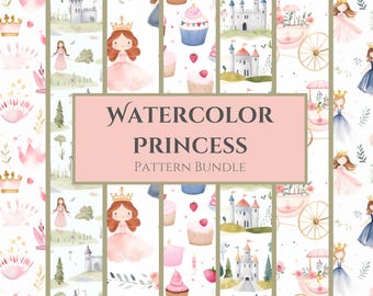 Watercolor Princess Seamless Pattern Bundle, Pink Cartoon (Digital Download)