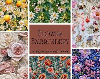 FLORAL EMBROIDERY Seamless PATTERN, Digital Download Botanical Flowers Printable Seamless Patterns Bundle, Commercial Use