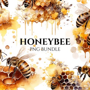 Watercolor Honeybee Clipart PNG Bundle, Pastel Bee Clipart, Honey Clipart, Honeycomb, Commercial Use - Digital Download