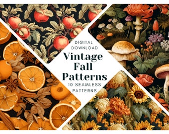 Vintage Floral Fall Seamless Patterns: Printable Digital Bundle (PNG Format)