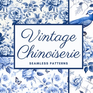 Chinoiserie Floral Seamless Patterns, Vintage Clipart, Digital Papers for Scrapbooking, Floral Backgrounds, Commercial Use, PNG Bundle