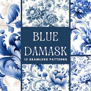 BLUE DAMASK Seamless Floral PATTERN, Digital Download Printable & Rococo Floral Style Patterns Bundle, Commercial Use