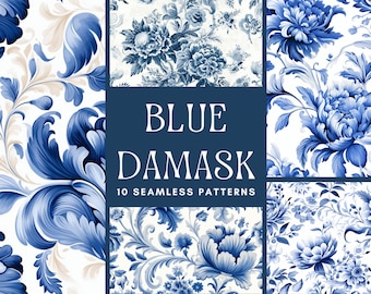 Printable Blue DAMASK SEAMLESS PATTERN In Rococo Style – Digital Floral Images Bundle Available In Zip And Png Formats