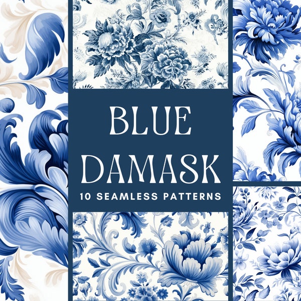BLUE DAMASK Seamless Floral PATTERN, Digital Download Printable & Rococo Floral Style 10 Patterns Bundle