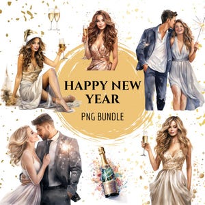 Frohes neues Jahr Clipart, Aquarell Neujahr, Feier Clipart, 2025 PNG Bundle, Aquarell Neujahr, Party Dekor, kommerzielle Nutzung