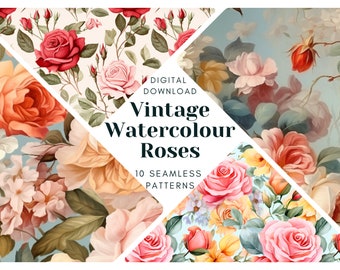 BOTANICAL FLORAL Background PATTERNS, Vintage Watercolor Roses & Instant Download Printable Seamless Patterns, Commercial Use