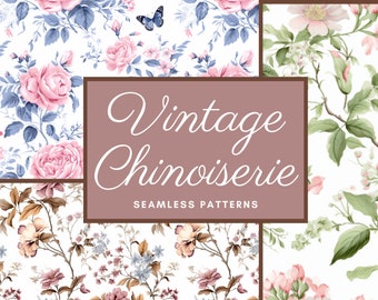 Vintage Chinoiserie Floral Patterns: Seamless PNG Clipart (Digital Download)