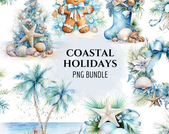 Watercolor Coastal Holidays ClipArt Bundle - Cozy Winter Clip Art Bundle - Ocean Christmas PNG - Digital Download, Commercial Use