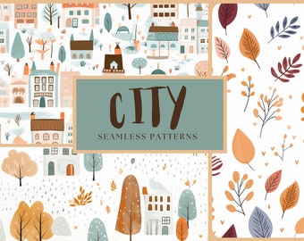 Patrón sin costuras de paisaje urbano vintage: estilo dibujado a mano (descarga digital PNG)