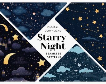 Starry Night Seamless Patterns: Scrapbook Paper, Invitation Background (Digital Download)