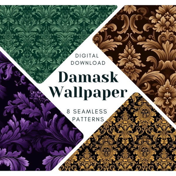 Damask Style Baroque Seamless Pattern Bundle, Papier numérique, Téléchargement instantané, Imprimable, Fond numérique, Modèle de répétition, Utilisation commerciale
