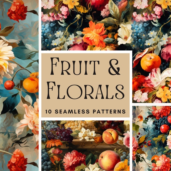 10x Impressionist Fruit & Floral Seamless Patterns, Vintage Digital Paper, Ornament, Scrapbooking Printable, Craft Supply, Commercial Use