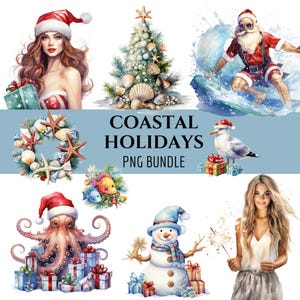 Watercolor Coastal Holidays ClipArt Bundle, Tropical, Cozy Winter Clip Art Bundle, Ocean Christmas PNG, Digital Download, Commercial Use
