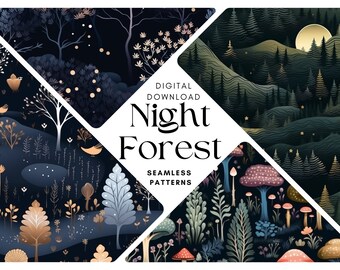Naadloos patroon herfstnacht bos: pixelart (digitale png-download)