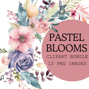Pastel Flowers Clipart, Watercolor Floral PNG, Digital Download for Scrapbooking, Crafting, and Invitations,  Header Clipart, Commercial Use