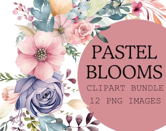 Watercolor Pastel Flowers Clipart: Floral PNG Images (Digital Download)