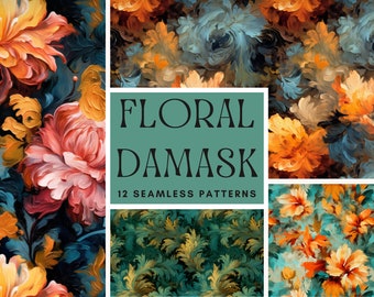 Sömlöst blommigt damastmönster: Botaniska blommor (digital nedladdning av PNG)