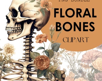 SKELETON WILDFLOWERS Digital CLIPART Png, Paquete de imágenes prediseñadas de huesos de cráneo floral imprimibles y uso comercial