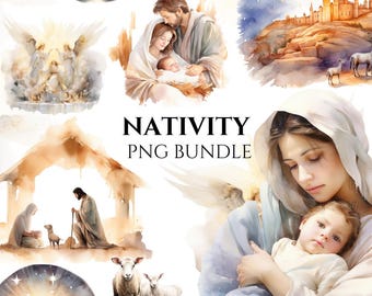 Paquete de imágenes prediseñadas de la Natividad en acuarela: Sagrada Familia (descarga digital)
