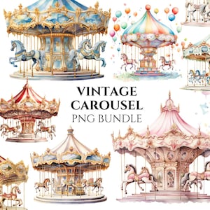 Watercolor Vintage Carousel Clipart PNG Bundle, Nursery Decor, Pastel Vintage Digital Designs, Instant Digital Download, Commercial Use