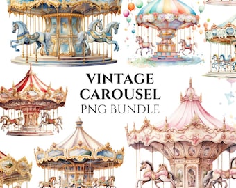 Clipart de carrusel vintage de acuarela: Paquete PNG de guardería pastel (descarga digital)