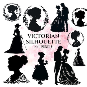Puede incluir: Un conjunto de diez imágenes de silueta negra de personas victorianas en varias poses, incluyendo parejas, mujeres con vestidos y una mujer con un bastón. Las imágenes están sobre un fondo de acuarela rosa y blanco con el texto "Victorian Silhouette PNG Bundle".
