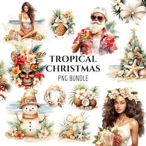 Watercolor Tropical Christmas Clipart, PNG Bundle, Commercial Use, Beach Santa, Summer Holiday, Instant Download, Festive Coastal Graphics