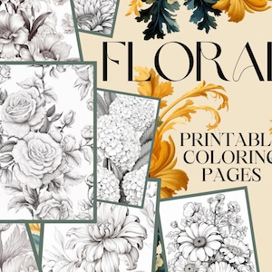 FLORAL Coloring Book, flower coloring pages, 50 printable pdf pages for adults and kids, grayscale coloring page, instant download