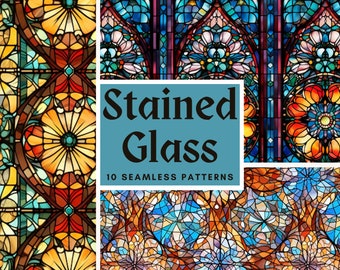 Stained Glass Floral Patterns: Colorful Seamless Digital Paper (PNG, Commercial Use)